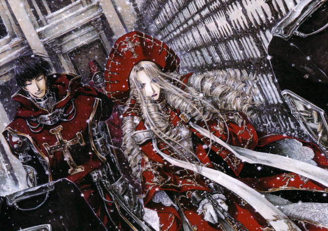 Обои картинки фото аниме, trinity blood, caterina, sforza, девушка, наручники, снег, платье, роба, плащ, мужчина, охрана, крест, ленты, шарф