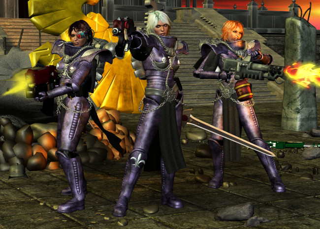 Обои картинки фото 3д графика, фантазия , fantasy, оружие, фон, взгляд, девушки