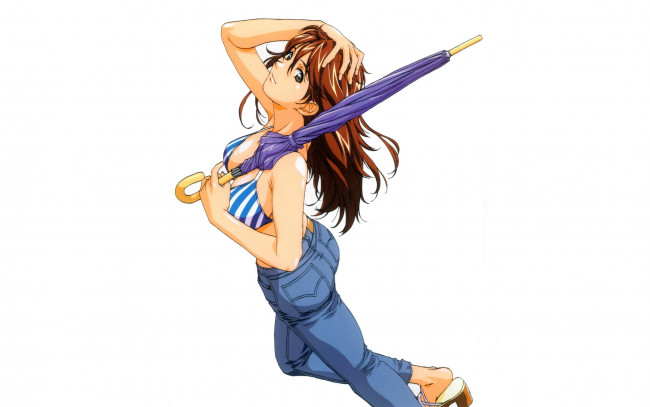 Обои картинки фото аниме, unknown,  другое, девушка, зонт, джинсы