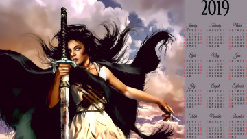 Картинка календари фэнтези 2019 calendar облако оружие накидка женщина девушка