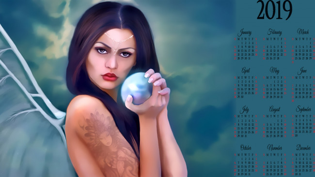 Обои картинки фото календари, фэнтези, тату, шар, крылья, девушка, 2019, calendar, женщина, узор, рисунок