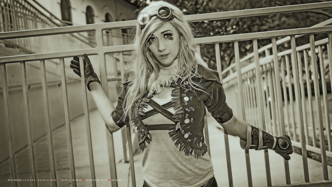 Обои картинки фото календари, компьютерный дизайн, 2019, calendar, женщина, решетка, металл, ограждение, копслей, девушка