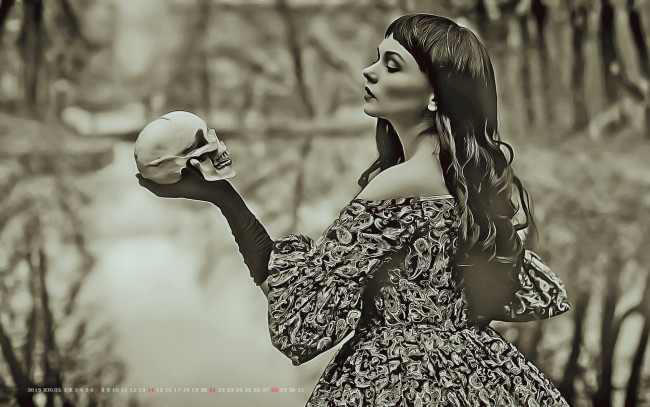 Обои картинки фото календари, компьютерный дизайн, череп, девушка, женщина, calendar, 2019