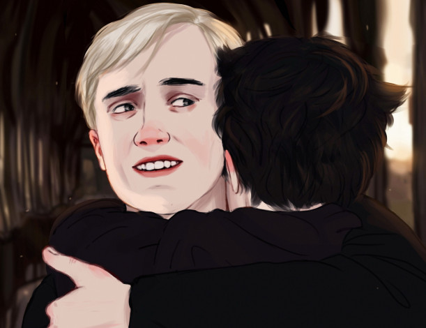 Обои картинки фото рисованное, кино,  мультфильмы, драко, малфой, гарри, поттер, объятия, лицо