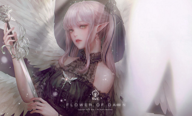 Обои картинки фото фэнтези, ангелы, девушка, крылья, оружие, ушки