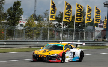 обоя audi r8 lms adac gt, спорт, автоспорт, белый, желтый, трасса, флаги