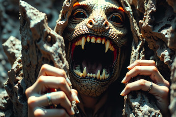 Картинка 3д+графика ужас+ horror монстр существо голова ящер пасть руки камни