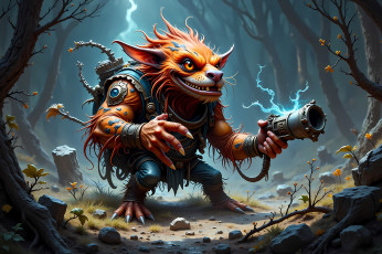 Картинка фэнтези существа существо оружие лес камни