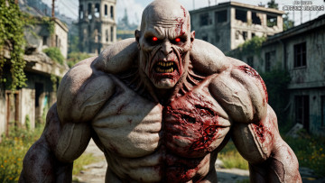 Картинка зомби+гигант +по+книге+страж+бытия 3д+графика ужас+ horror зомби гигант постапокалиптический монстр мускулистый красные глаза заброшенный город заросший руины мрачная фантастика книжный арт концепт-арт русская