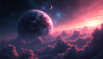 обоя космос, арт, планеты, звезды, облака, заря