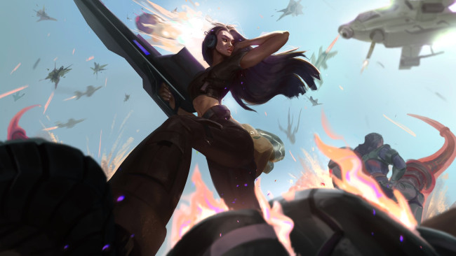 Обои картинки фото видео игры, league of legends, samira, девушка, оружие, ракурс, техника, бой