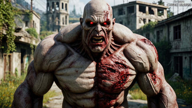 Обои картинки фото зомби гигант,  по книге страж бытия, 3д графика, ужас , horror, зомби, гигант, постапокалиптический, монстр, мускулистый, красные, глаза, заброшенный, город, заросший, руины, мрачная, фантастика, книжный, арт, концепт-арт, русская