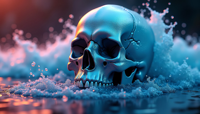 Обои картинки фото 3д графика, ужас , horror, череп, вода, пена