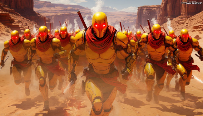 Обои картинки фото клинки императора,  по книге - страж бытия, 3д графика, научная фантастика , science fiction, элитный, отряд, гладкая, броня, светящиеся, клинки, огненные, цвета, красные, глаза, пар, от, брони, шарфы, пустынный, каньон, экстремальная, скорость, динамичная, сцена, императорские, войска, футуристические, солдаты