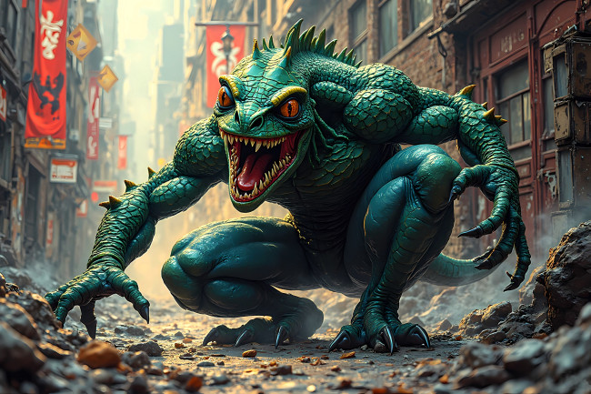 Обои картинки фото 3д графика, фантазия , fantasy, монстр, ящер, город, дома, улица, камни