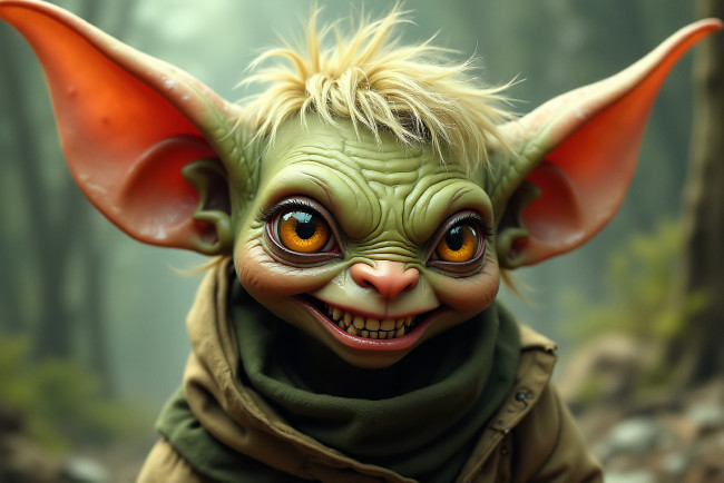Обои картинки фото 3д графика, существа , creatures, гоблин, уши, челка, куртка, шарф, лес
