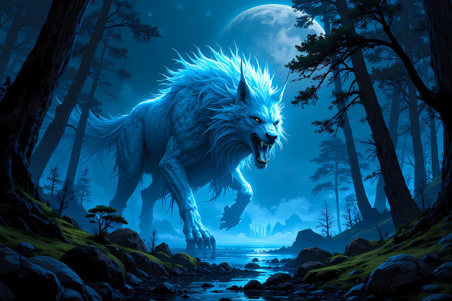 Обои картинки фото фэнтези, оборотни, оборотень, луна, лес, ручей