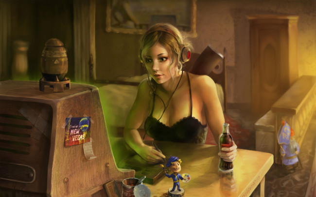 Обои картинки фото fallout, new, vegas, видео, игры, наушники, пепси