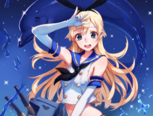 Картинка аниме kantai+collection art mhk девушка shimakaze взгляд радость жест матроска дельфин робот брызги kantai collection