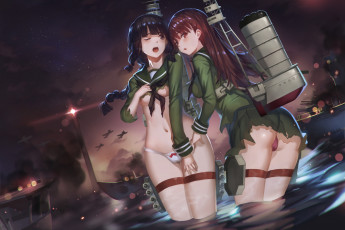 Картинка аниме kantai+collection art yykuaixian девушки kitakami light cruiser ooi взгляд смущение грудь трусики объятья корабли самолеты море kantai collection