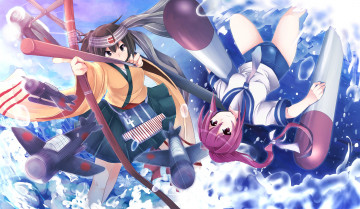 Картинка аниме kantai+collection art kona девушки i-168 взгляд жест оружие лук стрелы полет kantai collection