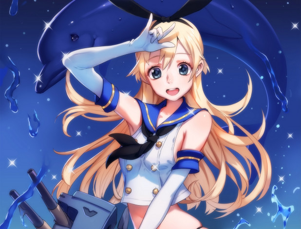 Обои картинки фото аниме, kantai collection, art, mhk, девушка, shimakaze, взгляд, радость, жест, матроска, дельфин, робот, брызги, kantai, collection