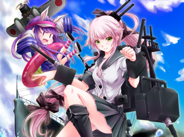 Обои картинки фото аниме, kantai collection, art, tsukineko, девушка, yura, взгляд, улыбка, трусики, оружие, чиби, kantai, collection