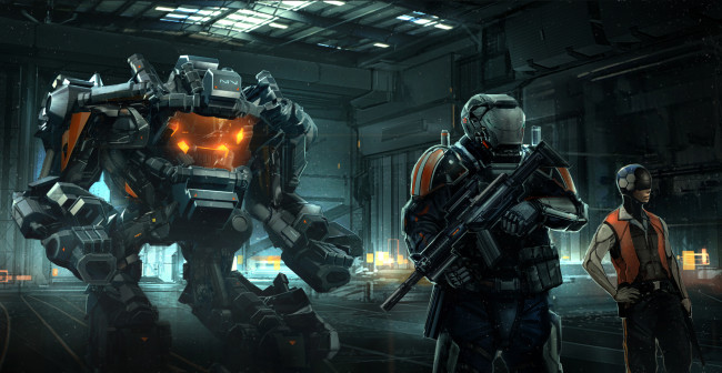 Обои картинки фото фэнтези, роботы,  киборги,  механизмы, отсек, оружие, солдат, киборги