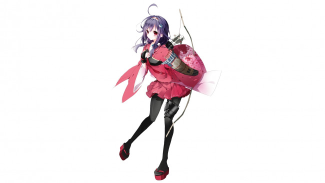 Обои картинки фото аниме, kantai collection, art, maryrara, девушка, ryuuhou, seaplane, tender, взгляд, оружие, лук, стрелы, простой, фон, kantai, collection