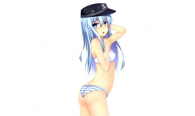 Обои картинки фото аниме, kantai collection, art, suteba, девушка, hibiki, destroyer, взгляд, смущение, трусики, простой, фон, kantai, collection