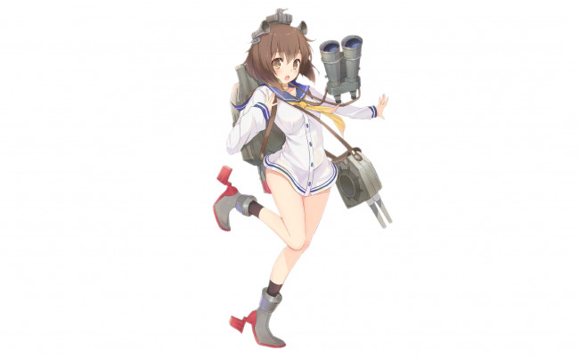 Обои картинки фото аниме, kantai collection, art, kagerou, девушка, yukikaze, destroyer, удивление, смущение, жест, оружие, простой, фон, kantai, collection