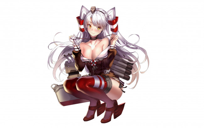 Обои картинки фото аниме, kantai collection, art, miyazaki, byou, девушка, rensouhou-kun, взгляд, улыбка, декольте, грудь, оружие, робот, простой, фон, kantai, collection