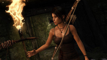обоя lara croft tomb raider,  the action adventure, видео игры, лук, факел, фон, взгляд, девушка