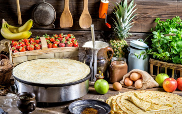 Картинка еда разное блины базилик яйца банан орехи петрушка яблоки клубника ананас тесто