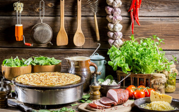 обоя еда, разное, ингредиенты, блины, огурцы, ветчина, чеснок, базилик, сыр, тесто, петрушка, грибы, перец, фета, помидоры