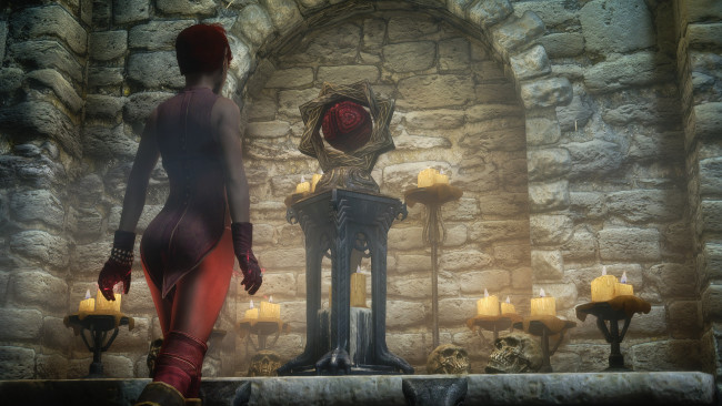 Обои картинки фото видео игры, the elder scrolls v,  skyrim, свечи, фон, взгляд, девушка