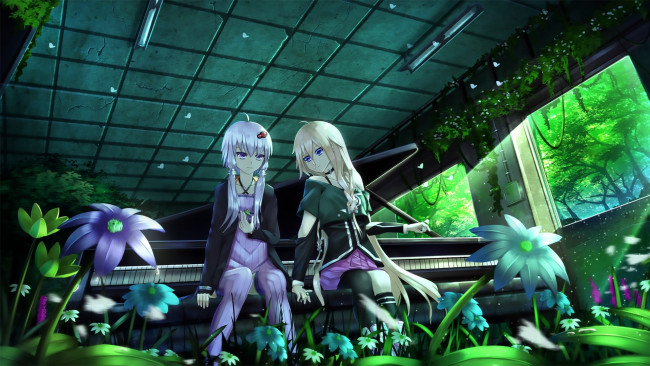 Обои картинки фото аниме, vocaloid, взгляд, девушки, фон