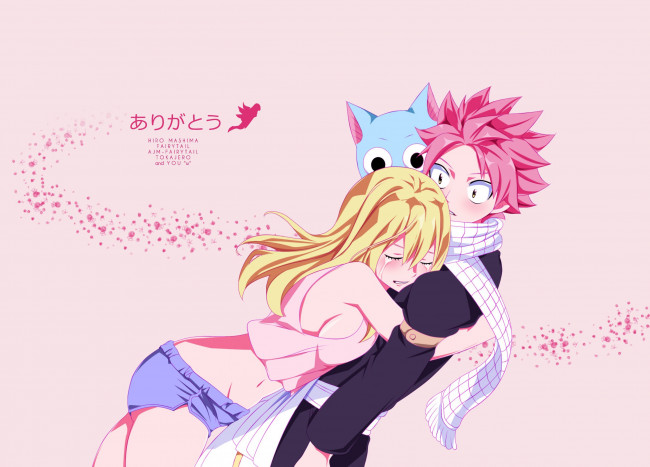 Обои картинки фото аниме, fairy tail, asian, manga, friends, blonde, lucy, natsu, fairy, tail, cat, anime, neko, mahou, by, ajm, fairytail, kanji, asiatic, japanese, happy, oriental