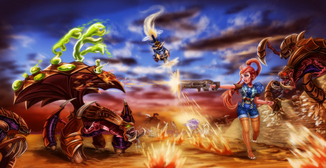 Обои картинки фото рисованное, комиксы, бой, фон, девушка, существа