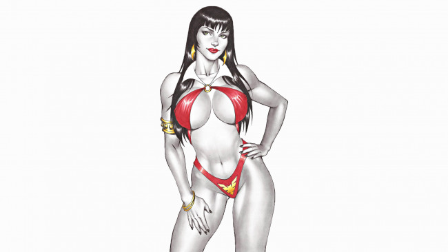 Обои картинки фото рисованное, комиксы, девушка, купальник, фон, взгляд