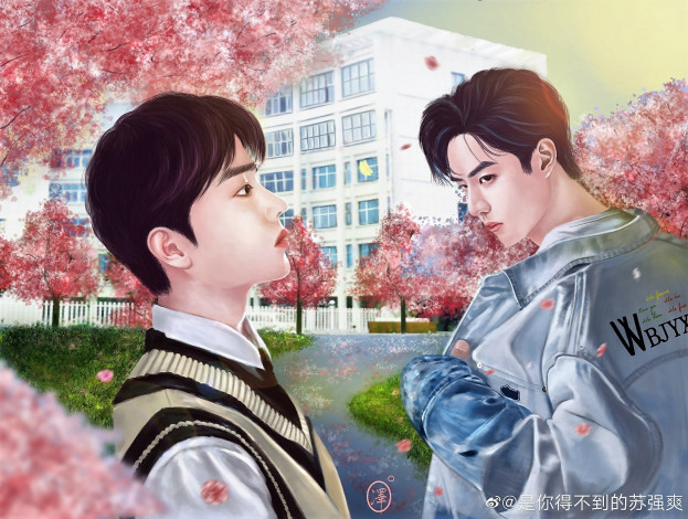 Обои картинки фото рисованное, люди, парни, школа, деревья, цветение