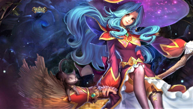 Обои картинки фото видео игры, heroes evolved, девушка, метла, кошка
