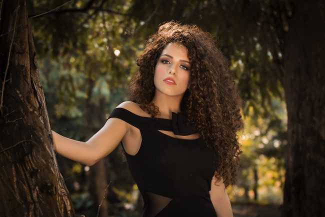 Обои картинки фото девушки, - брюнетки,  шатенки, шатенка, кудряшки, черное, платье