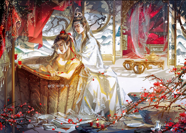 Обои картинки фото рисованное, кино,  мультфильмы, вэй, усянь, лань, ванцзы, бочка, купание, ветки