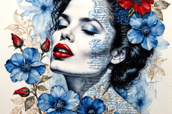 обоя рисованное, люди, девушка, лицо, цветы, надписи