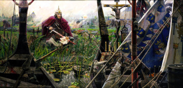 Картинка рисованное павел+рыженко воин меч кровь трава лагерь река ладьи