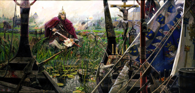 Обои картинки фото рисованное, павел рыженко, воин, меч, кровь, трава, лагерь, река, ладьи