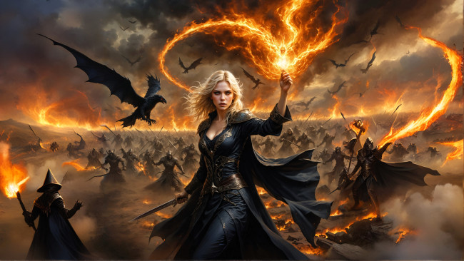 Обои картинки фото фэнтези, маги,  волшебники, девушка, оружие, магия, огонь, птицы, войско