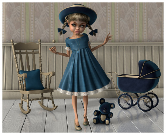 Обои картинки фото 3д, графика, people, люди, коляска, стул, девочка, игрушка