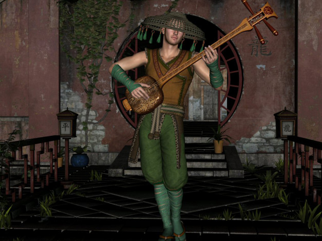 Обои картинки фото 3д, графика, people, люди, трава, стена, мужчина